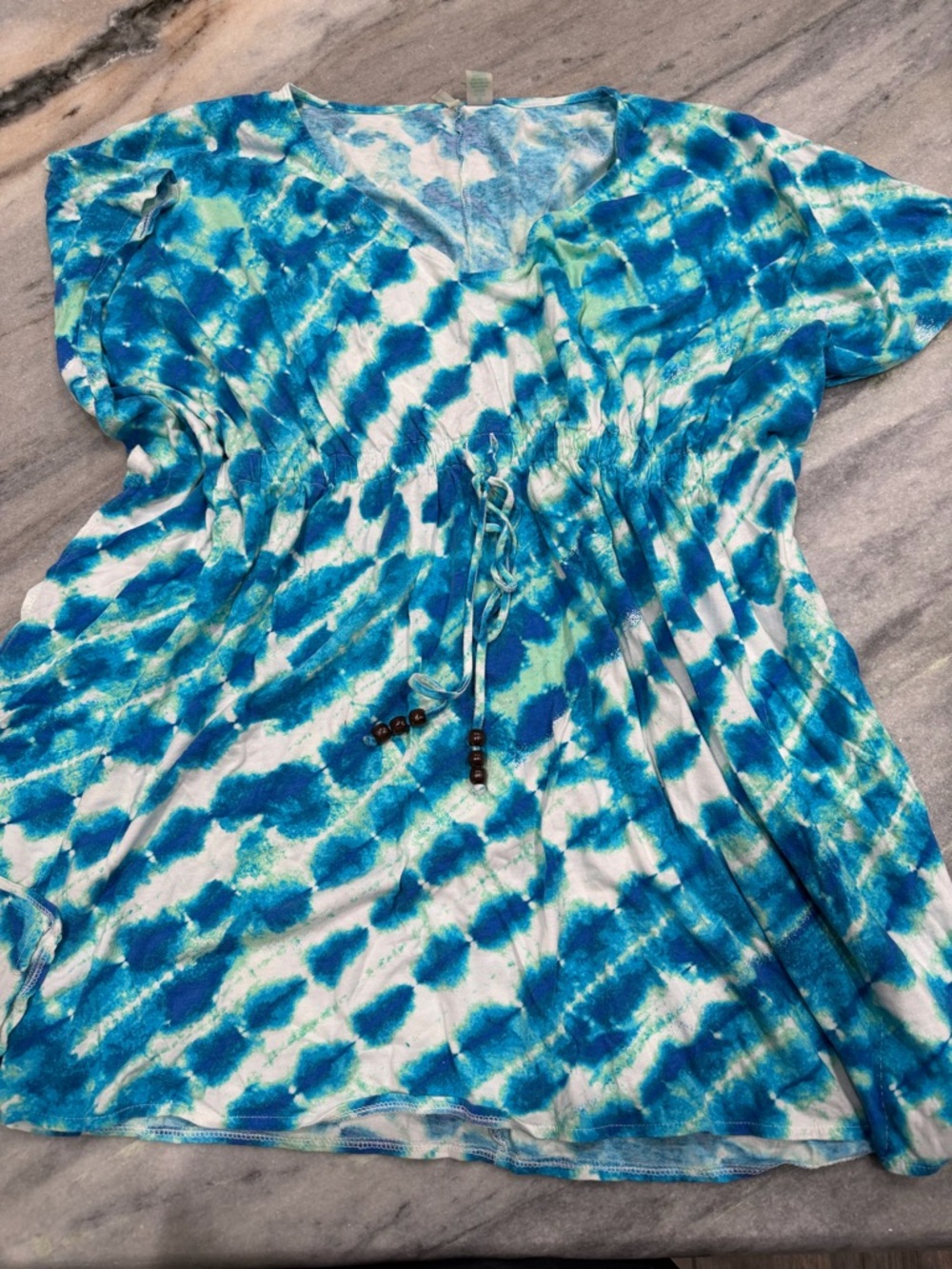 Blue & Teal Tie-Dye V-Neck Tunic with Drawstring